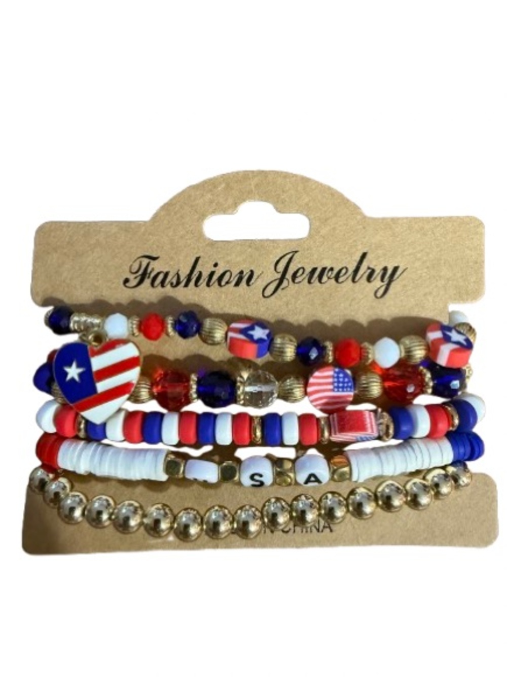 USA Patriotic Stackable Bracelet Set Red,White&Blue Flag 5-Piece Beaded Stack